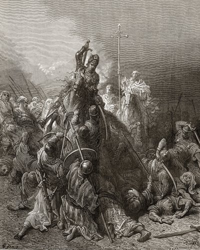 Cavalieri cristiani combattono i saraceni, illustrazione da 